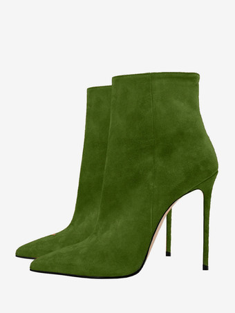 グリーン スエード アンクルブーツ ポインテッドトゥ スティレットヒール ブーティ レディース