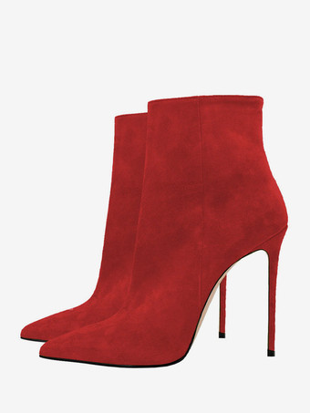 レッド スエード アンクルブーツ ポインテッドトゥ スティレットヒール ブーティ レディース
