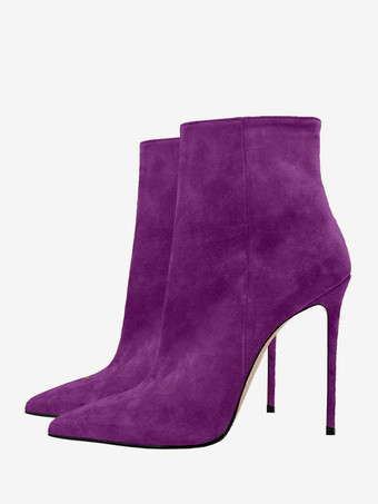 パープル スエード アンクルブーツ ポインテッドトゥ スティレットヒール ブーティ レディース