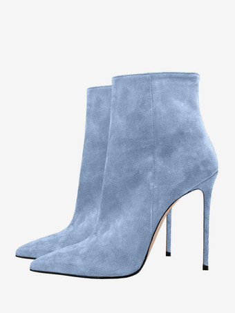 ライトスカイブルースエード アンクルブーツ ポインテッドトゥ スティレットヒール ブーティ レディース