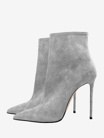 ライトグレー スエード アンクルブーツ ポインテッドトゥ スティレットヒール ブーティ レディース