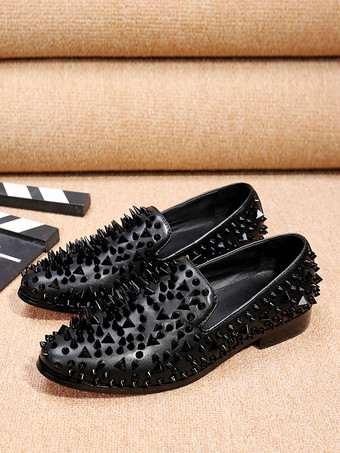 メンズ リベット ローファー シューズ リベット カラーブロック ポインテッドトゥ 牛革 スパイク スリッポン プロム ウェディングシューズ