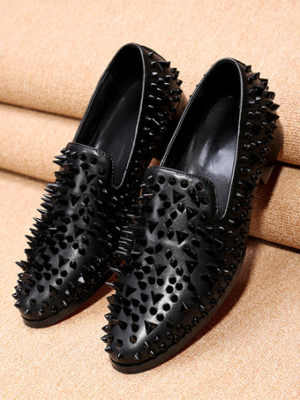 メンズ リベット ローファー シューズ リベット カラーブロック ポインテッドトゥ 牛革 スパイク スリッポン プロム ウェディングシューズ