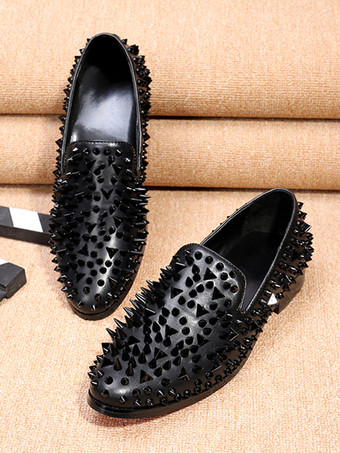 メンズ リベット ローファー シューズ リベット カラーブロック ポインテッドトゥ 牛革 スパイク スリッポン プロム ウェディングシューズ