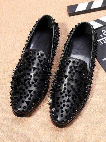 ブラック メンズ リベット ローファー シューズ リベット カラーブロック ポインテッドトゥ 牛革 スパイク スリッポン プロム ウェディングシューズ