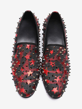 レッド メンズ ローファー シューズ 牛革 リベット カラーブロック スリップオン プロム ウェディング シューズ