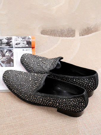 メンズ リベットローファー グリッター ポインテッドトゥ レザー スリッポン プロム ウェディングシューズ