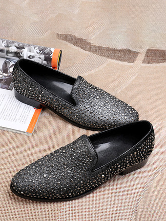 メンズ リベットローファー グリッター ポインテッドトゥ レザー スリッポン プロム ウェディングシューズ