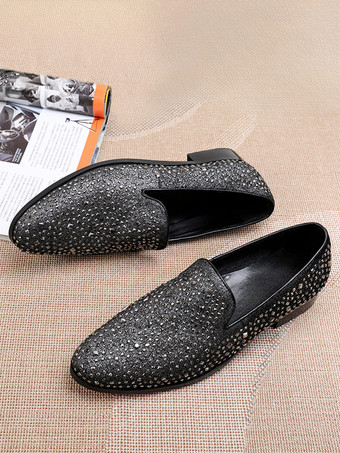 メンズ リベットローファー グリッター ポインテッドトゥ レザー スリッポン プロム ウェディングシューズ