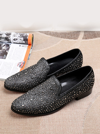 メンズ リベットローファー グリッター ポインテッドトゥ レザー スリッポン プロム ウェディングシューズ