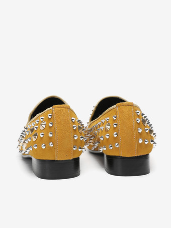 新学期向けメンズリベットローファー イエローリベット ポインテッドトゥ レザー スリッポン スパイク プロム ウェディングシューズ