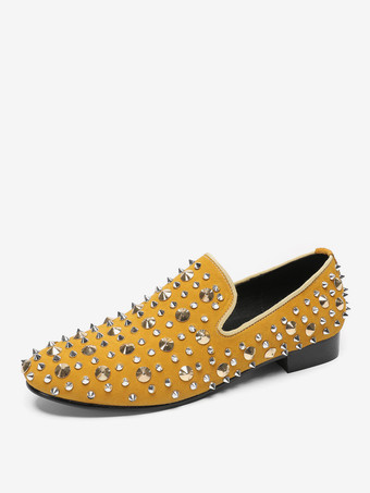 新学期向けメンズリベットローファー イエローリベット ポインテッドトゥ レザー スリッポン スパイク プロム ウェディングシューズ