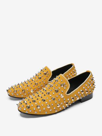 新学期向けメンズリベットローファー イエローリベット ポインテッドトゥ レザー スリッポン スパイク プロム ウェディングシューズ