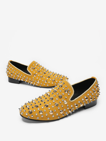 新学期向けメンズリベットローファー イエローリベット ポインテッドトゥ レザー スリッポン スパイク プロム ウェディングシューズ
