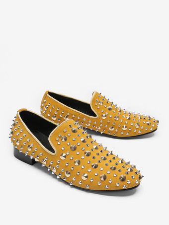 新学期向けメンズリベットローファー イエローリベット ポインテッドトゥ レザー スリッポン スパイク プロム ウェディングシューズ