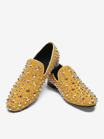 新学期向けメンズリベットローファー イエローリベット ポインテッドトゥ レザー スリッポン スパイク プロム ウェディングシューズ