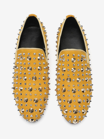 新学期向けメンズリベットローファー イエローリベット ポインテッドトゥ レザー スリッポン スパイク プロム ウェディングシューズ