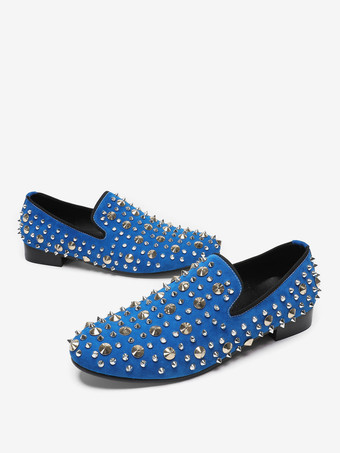 メンズ リベットローファー 牛革 ブルー スリップオン スパイク プロム ウェディングシューズ