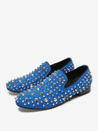 メンズ リベットローファー 牛革 ブルー スリップオン スパイク プロム ウェディングシューズ