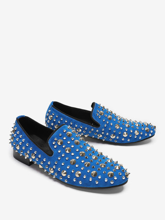 メンズ リベットローファー 牛革 ブルー スリップオン スパイク プロム ウェディングシューズ