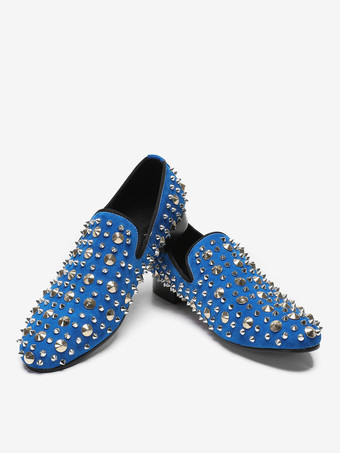 メンズ リベットローファー 牛革 ブルー スリップオン スパイク プロム ウェディングシューズ