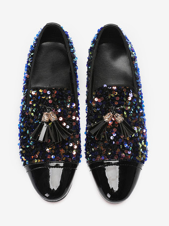 Black Men's Rivets Loafer Leather Sequins Shoes Slip On Glitter Prom Wedding Shoes