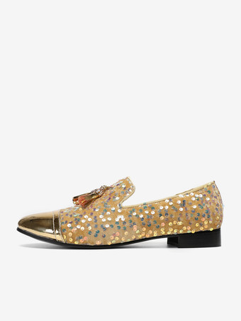 メンズ リベット ローファー シューズ スパンコール ポインテッドトゥ 牛革 タッセル グリッター プロム ウェディングシューズ