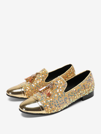 メンズ リベット ローファー シューズ スパンコール ポインテッドトゥ 牛革 タッセル グリッター プロム ウェディングシューズ