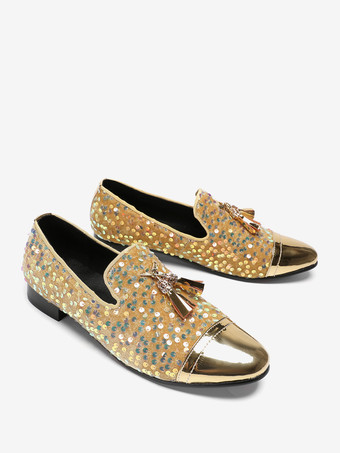 メンズ リベット ローファー シューズ スパンコール ポインテッドトゥ 牛革 タッセル グリッター プロム ウェディングシューズ