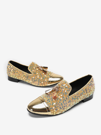 メンズ リベット ローファー シューズ スパンコール ポインテッドトゥ 牛革 タッセル グリッター プロム ウェディングシューズ