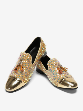 メンズ リベット ローファー シューズ スパンコール ポインテッドトゥ 牛革 タッセル グリッター プロム ウェディングシューズ