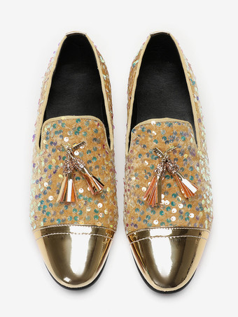 イエローメンズ リベット ローファー シューズ スパンコール ポインテッドトゥ 牛革 タッセル グリッター プロム ウェディングシューズ