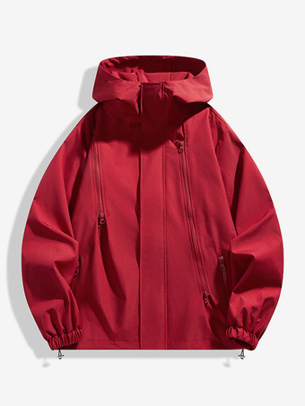 ダークレッドメンズ フード付き カジュアル ジッパー ルーズ アウトドア ジャケット