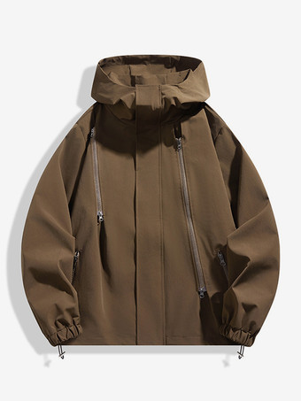 ブラウン メンズ フード付き カジュアル ジッパー ルーズ アウトドア ジャケット