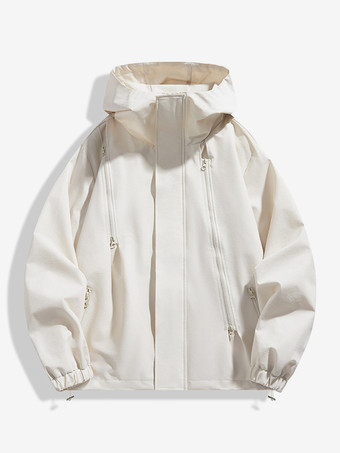 アイボリー メンズ フード付き カジュアル ジッパー ルーズ アウトドア ジャケット