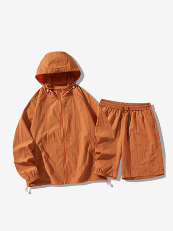 オレンジメンズ スポーツセット カジュアル フード付きトップスとショーツ