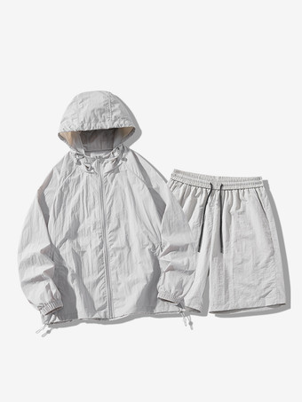 ライトグレー メンズ スポーツセット カジュアル フード付きトップスとショーツ