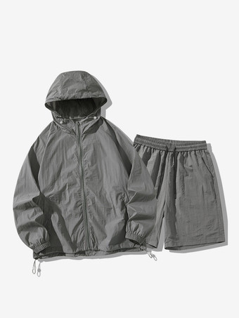 ダークグレー メンズ スポーツセット カジュアル フード付きトップスとショーツ