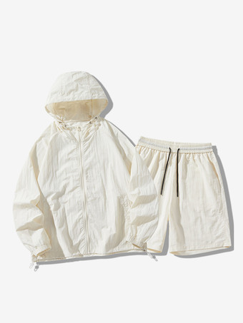 アイボリー メンズ スポーツセット カジュアル フード付きトップスとショーツ