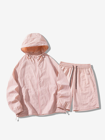 ピンクメンズ スポーツセット カジュアル フード付きトップスとショーツ