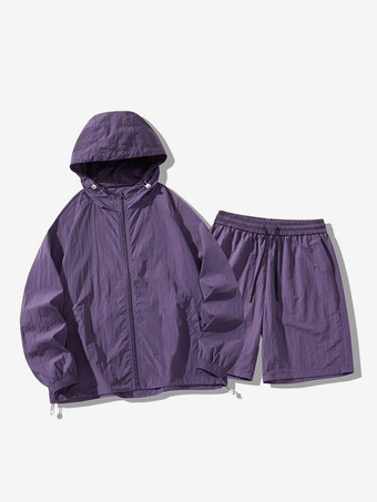 パープル メンズ スポーツセット カジュアル フード付きトップスとショーツ