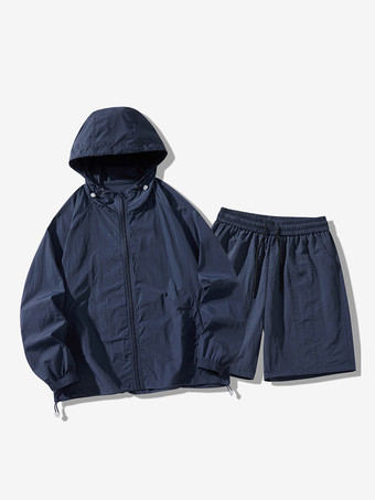 ダークネイビーメンズ スポーツセット カジュアル フード付きトップスとショーツ