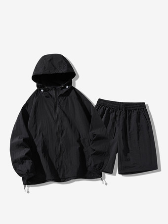 ブラック メンズ スポーツセット カジュアル フード付きトップスとショーツ