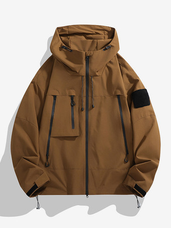 ブラウンメンズ アウトドア ジャケット パッチワーク ルーズ ジップ フード付き 長袖 コート