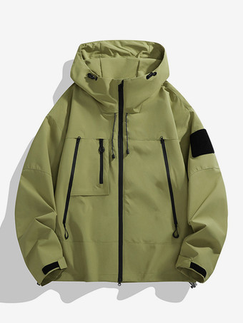 アボカドグリーンメンズ アウトドア ジャケット パッチワーク ルーズ ジップ フード付き 長袖 コート