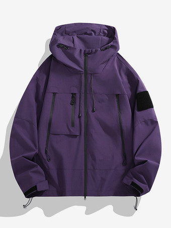 パープル メンズ アウトドア ジャケット パッチワーク ルーズ ジップ フード付き 長袖 コート