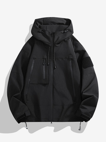 ブラック メンズ アウトドア ジャケット パッチワーク ルーズ ジップ フード付き 長袖 コート