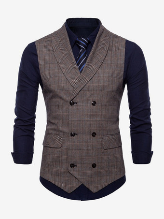 ブラウン メンズ チェック柄ベスト ダブルブレスト ノースリーブ ヴィンテージ ジャケット