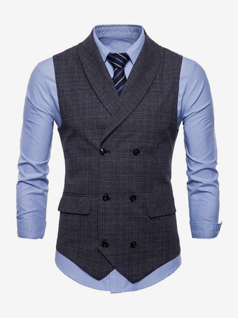 ダークグレー メンズ チェック柄ベスト ダブルブレスト ノースリーブ ヴィンテージ ジャケット