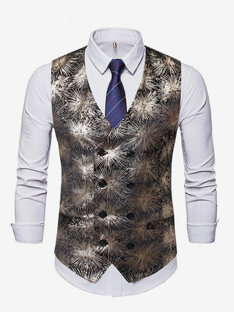 ゴールド メンズ カジュアル ダブルブレスト ベスト スタンピングプリント ノースリーブ ジャケット